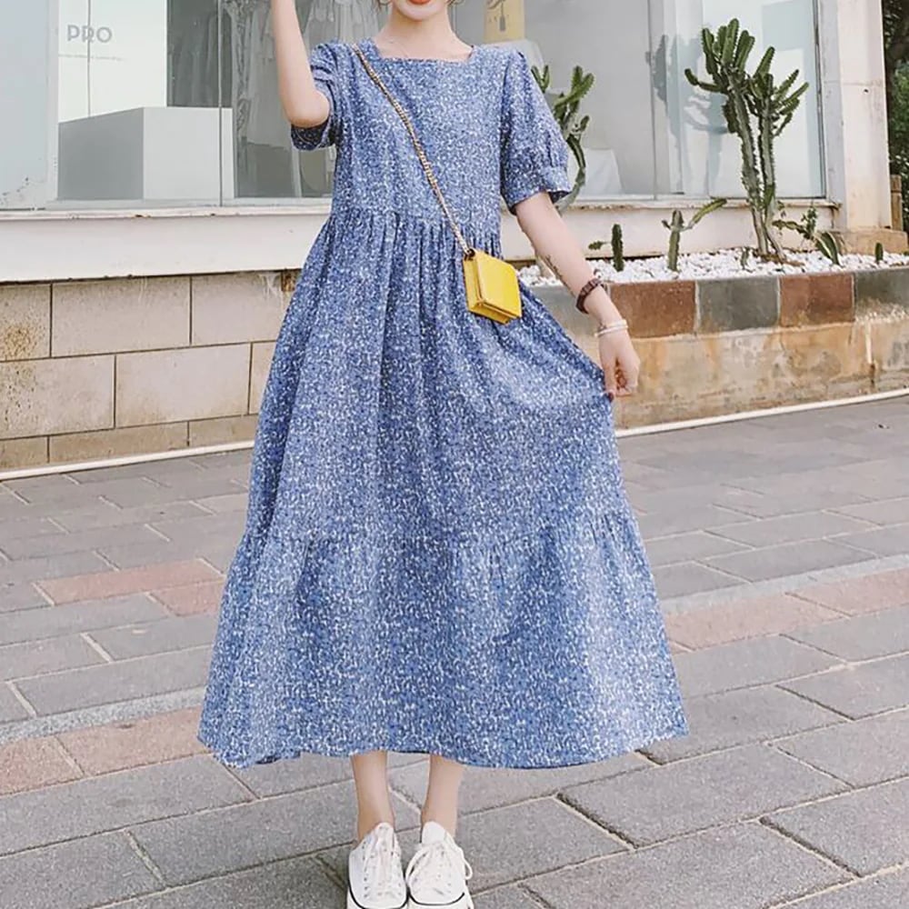花柄ロングワンピース ワンピース フレアワンピース ロング ロング丈 袖あり 半袖 パフスリーブ スクエアネック ウエストマーク ウエストリボン ハイウエスト 綿 かわいい 大人可愛い きれいめ