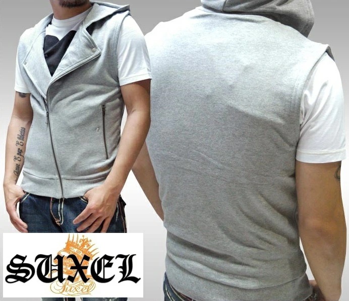 セール SUXEL サクエル メンズ ライダース ベスト パーカー グレー スウェット フーディー 411 フォーダブワン 雑誌 掲載 ブランド ストリート HIPHOP ウェアー B系 服 ダン