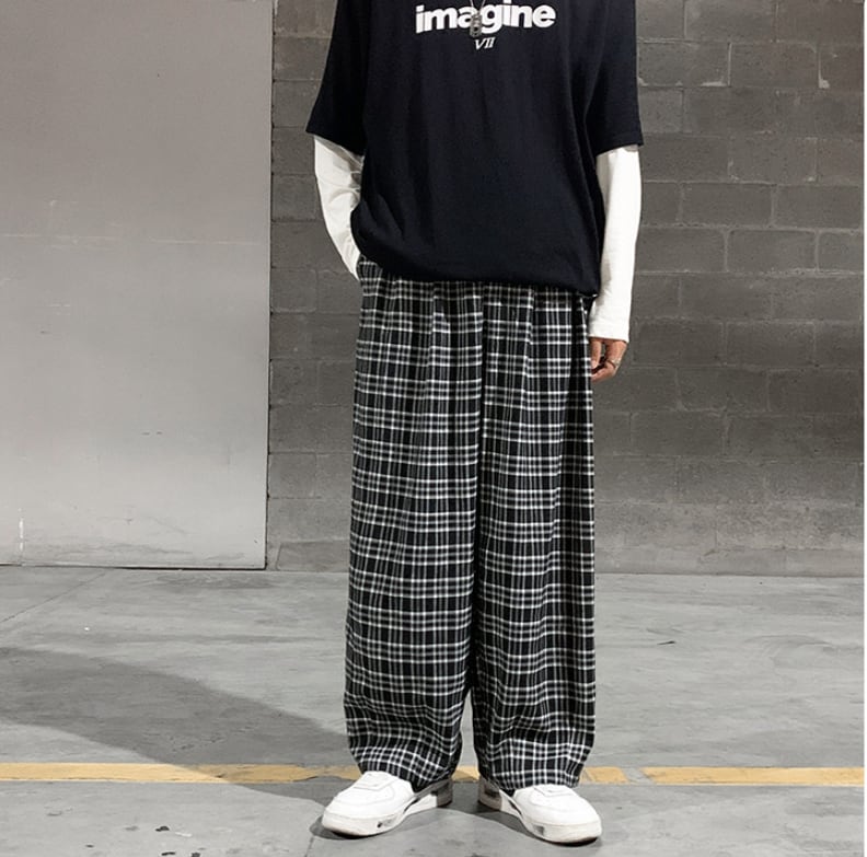 ボトムス パンツ ズボン スラックス ワイドパンツ ワイドスラックス ストレート かわいい カジュアル おしゃれ お洒落 レトロ ラブリー キュート ルーズ 個性的 チェック柄 春 夏 秋 冬