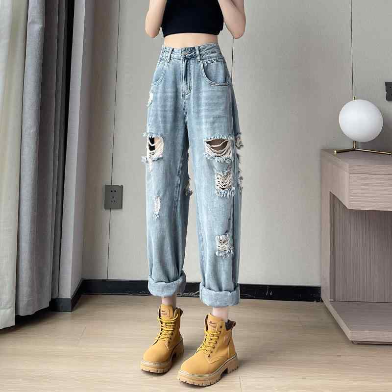 デニムパンツ レディース ダメージ ジーンズ クラッシュ ボトムス 夏 ウォッシュ ストレート カジュアル ロング ブルー