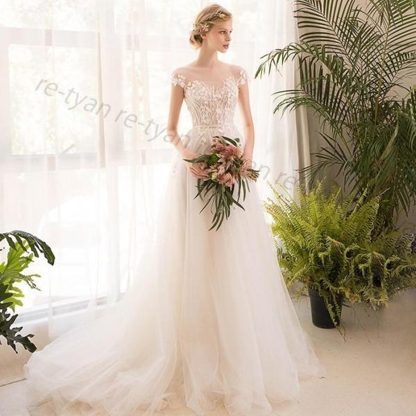 ウエディングドレス aライン 白 袖あり レース 花嫁 結婚式 二次会 パーティードレス ブライダル ロングドレス イブニングドレス前撮り後撮り 披露宴 旅行 海外-686