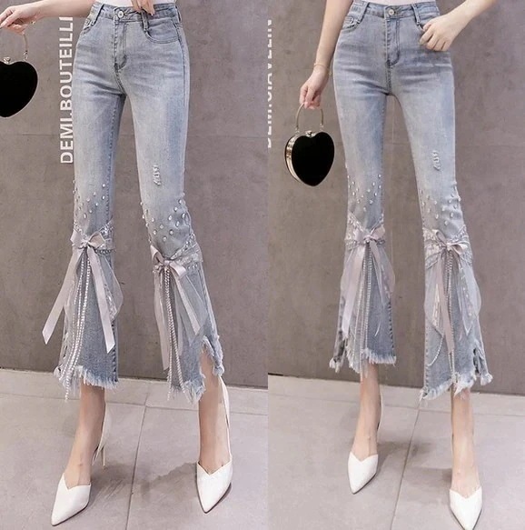 スウィートプリンセススタイルのダイヤモンドをちりばめたボウノットリボンジーンズレディース9ポイントホ