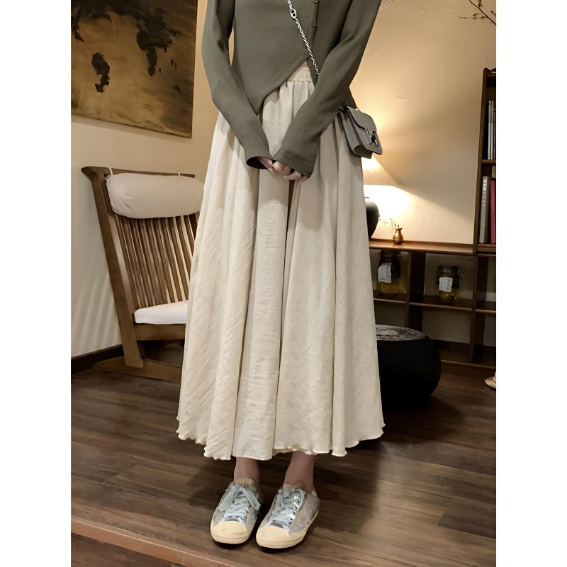 メガ割ふわっとフレアスカートマキシスカー プリーツスカート二重綿麻半身ロングスカートとの緩い腰の大きいサイズのロングスカート