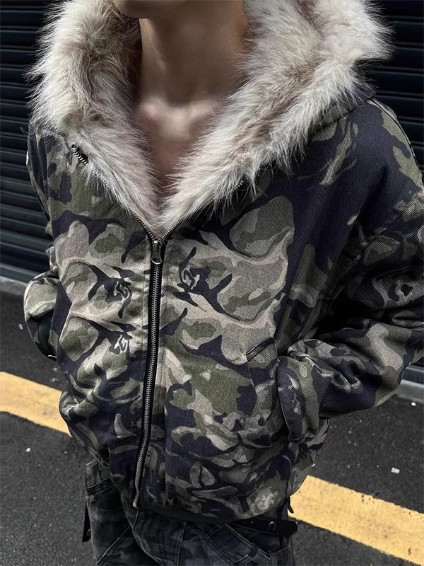 アメリカンレトロビッグファー襟マウンテンカービング迷彩コットンコートメンズ冬ウォッシュフード付きヒップホップショートジャケットコットンコート