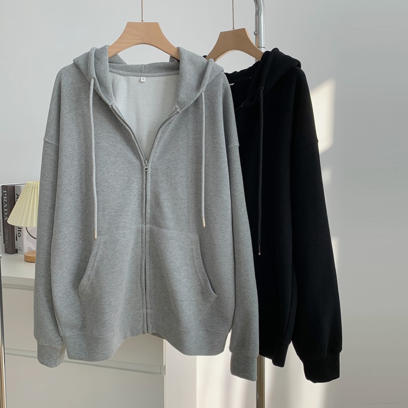 春と秋の女性用の同じカンガルーフード付きスウェットシャツのライブブロードキャスト緩いジッパー長袖トップスとベルベットの厚みのあるカーディガンジャケット