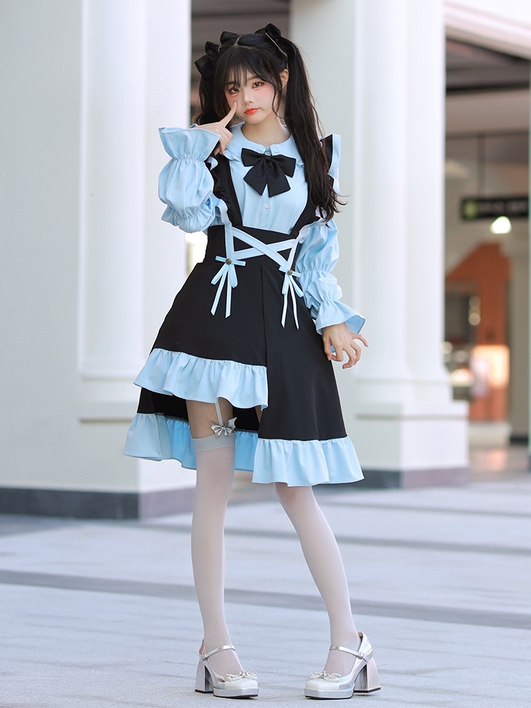 lolita地雷パーカーロリータ ワンピース ゴスロリドレスラブリバーサルランドマインドールカラーシャツイレギュラーストラップストラップドレスアクアカラー