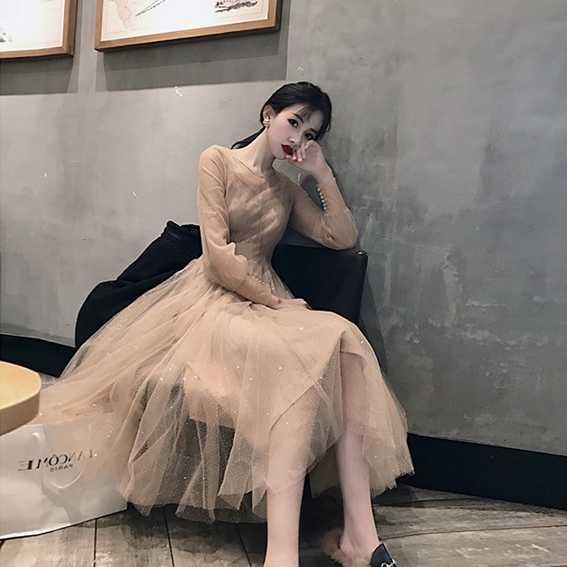 ワンピース フレアワンピース ミモレ ミモレ丈 半端丈 袖あり 長袖 ラウンドネック 襟なし フレア