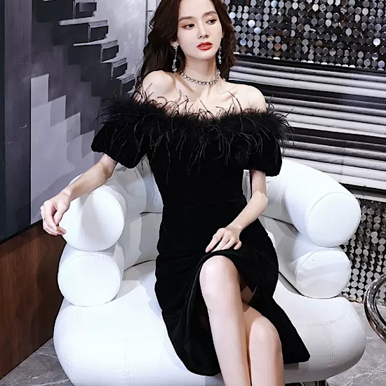 【取寄：納期2週間】結婚式ドレス ラグジュアリー セクシー オープンショルダー イブニングドレス ハイウエスト 発表会 演奏会 レディース 結婚式 ステージ衣装 半袖 ロング丈 エレガント