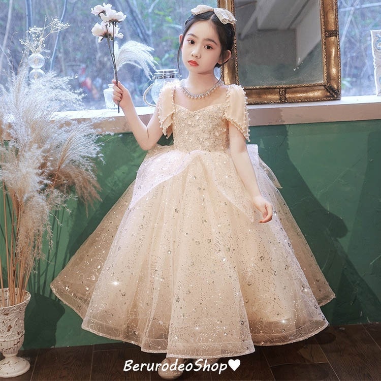 子供ドレス ロングドレス シャンパン色 ピアノ発表会ドレス 150 160 女児ドレス リボン パール スパンコール キレイめ 女の子ドレス キッズドレス 演奏会ドレス プリンセスドレス フォーマル