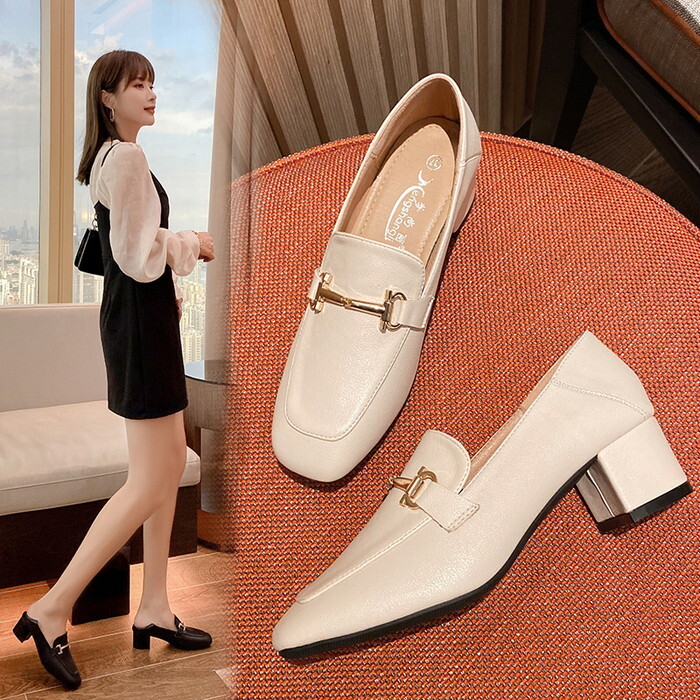 ローファー 靴 シューズ レディース スクエアトゥ ヒール ローヒール 低めヒール チャンキーヒール ビット フェイクレザー 合皮 安定感 疲れにくい 歩きやすい シンプル 大人 1