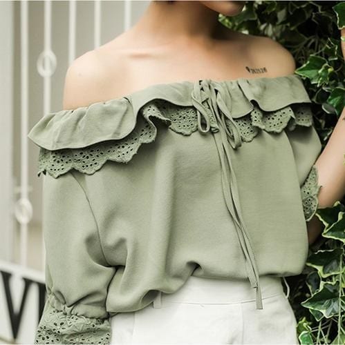 2243.フリル オフショルダー トップス(グリーン)
