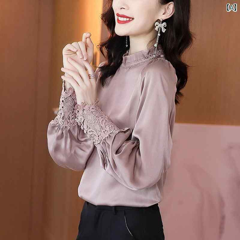レディース シャツ マルベリー 長袖 レース ステッチ 刺繍 フレンチブラウス トップス ハーフハイネック 豪華感 エレガント フェミニン 上品 外出 オフィス 演奏会