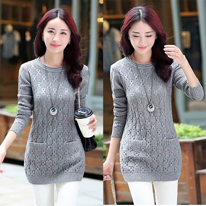 ニット トップス 5色 レディース セーター チュニック ロング 編み込み リブ 個性的 2XL 3XL 大きいサイズ 黒 赤 大人カラー くすみ 秋 冬 クルーネック ラウンド ポケット 長袖 ミド