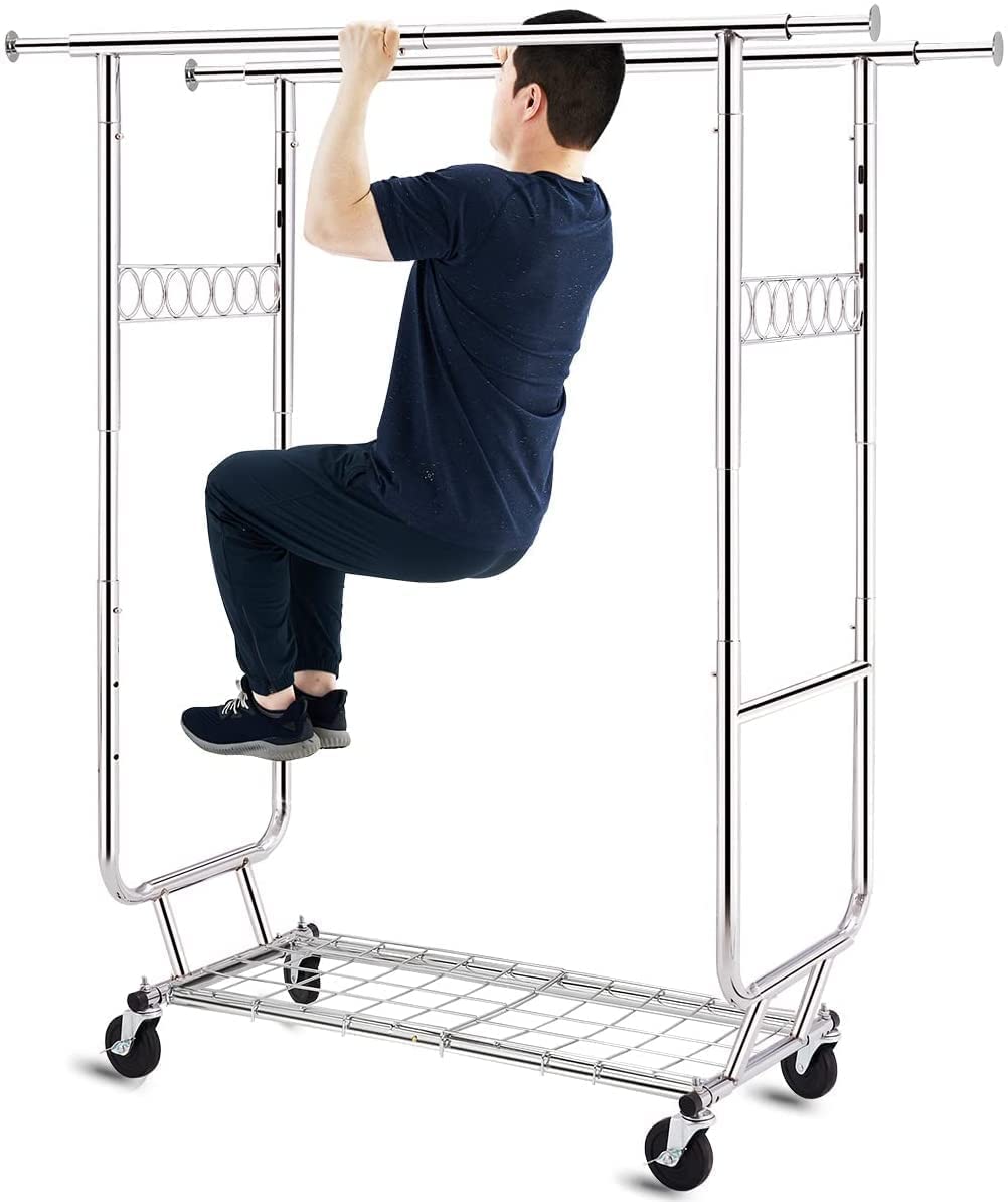 HOKEEPER パイプハンガーラック 耐荷重275KG 業務用 3ウェイ ダブル 大容量 物干し スタンド 洋服ハンガー 衣類収納 ロール付き 高さ・縦横伸縮タイプ コート 靴 傘用 シルバー