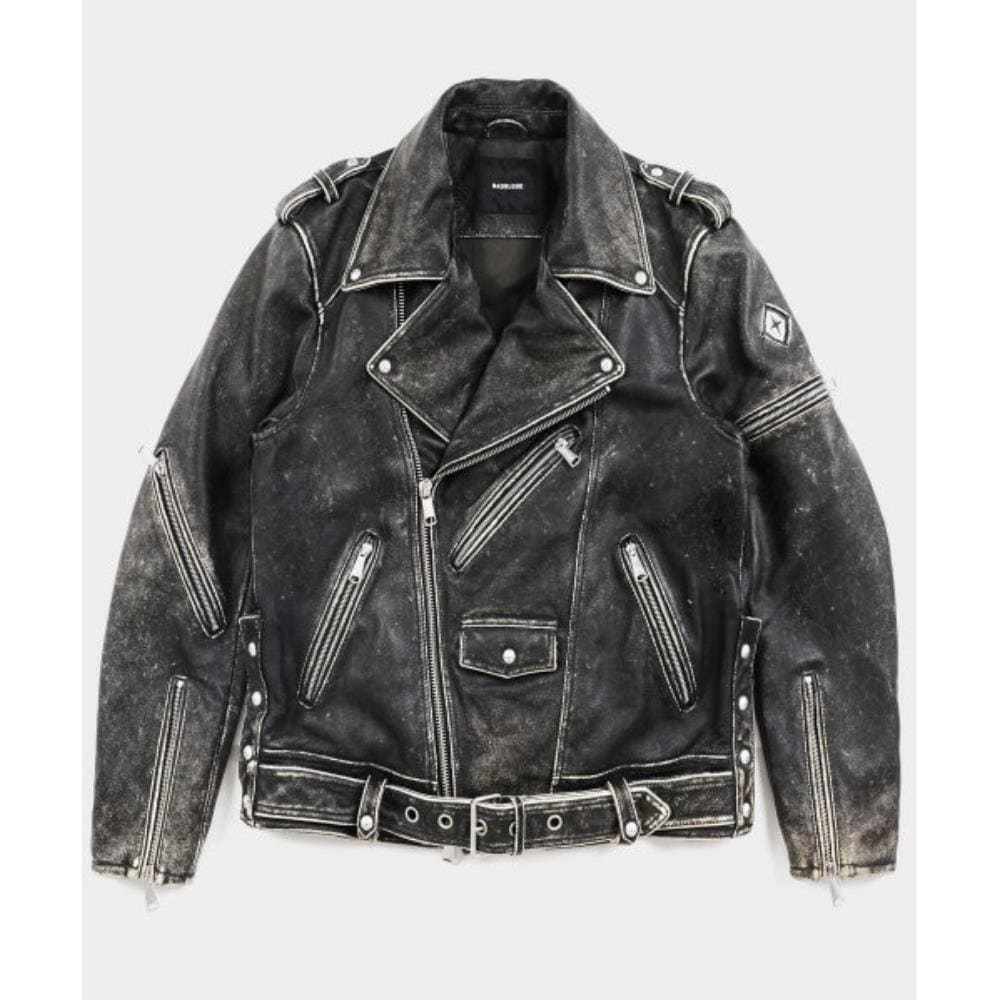 BADBLOOD Cracked Leather Biker Jacket Smokey Black w-jkt