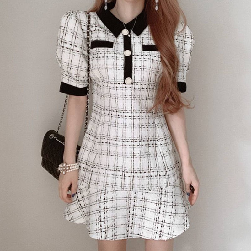 【送料無料】レディース ワンピース ツイード スーツ モノトーン パフスリーブ Aライン ミニワンピ お呼ばれ パーティー フォーマル 大人可愛い ママコーデ ママファッション 韓国系