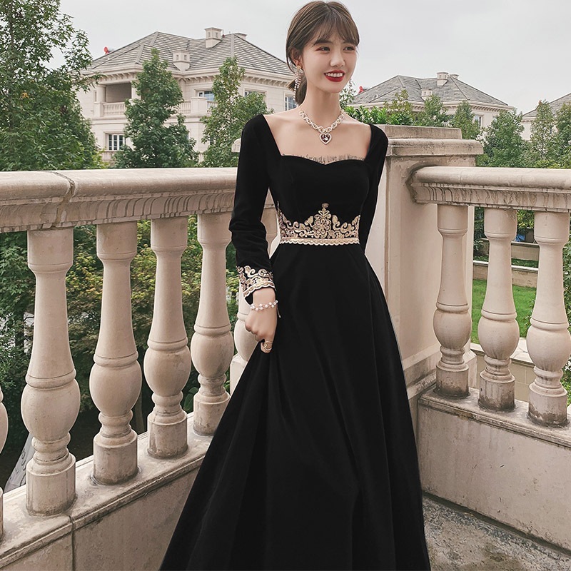 【2枚購入で 3oo円OFF】女性のための長袖ブラックドレス2025春の気質宴会ホストドレスパフォーマンスコンダクター