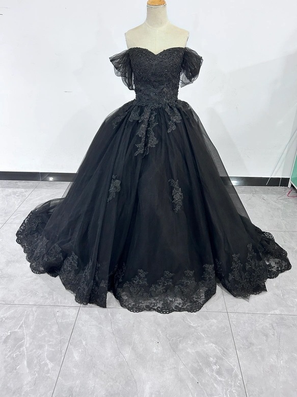 ブラック オフショルダー 魅惑の花レース トレーン 前撮り チュールスカート ビスチェドレス