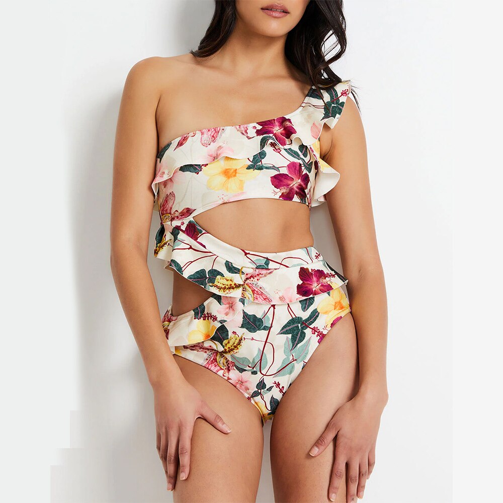 ワンピースフリルプリント水着,カラフルブロック,非対称水着,デザイナー水着,サーフウェア,夏 4,757円