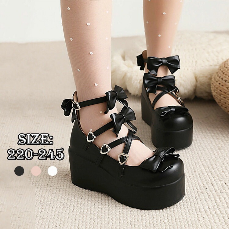 シューズ レディース 靴 pu 厚底 ロリータ 金具 ハート ボウタイ デザイン ストラップ パンプス チャンキーヒール 太ヒール ハイヒール エレガント カジュアル コンフォー