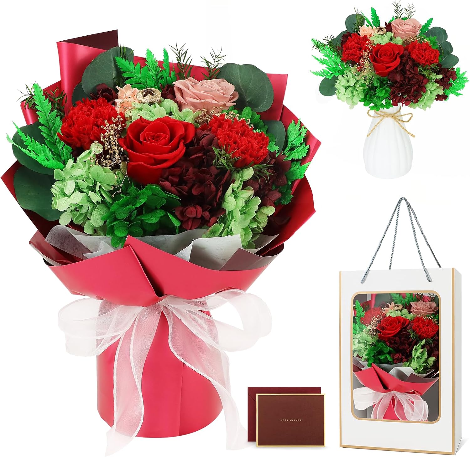プリザーブドフラワー カーネーション 薔薇 プリザーブドフラワーギフト 花束 ブーケ(レッド) 枯れない花 香りあり 花瓶付き プロポーズ 誕生日記念日バレンタイン卒業式 ホワイトデー お返し