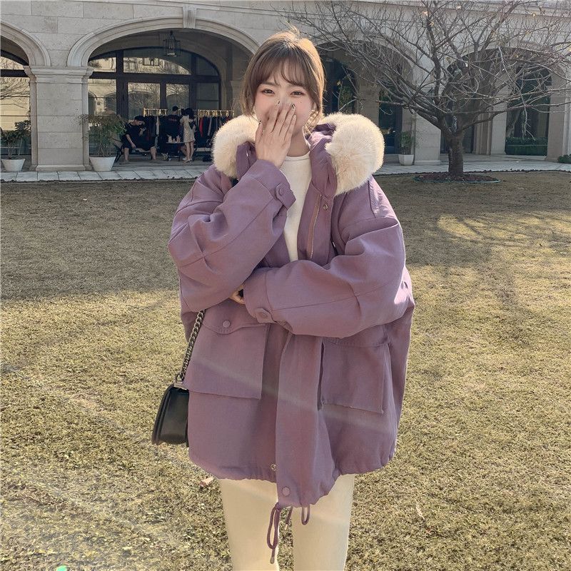 作業服パーカー女性の中長と小さい2023冬綿コートプラスベルベット肥厚ルーズコットンコート