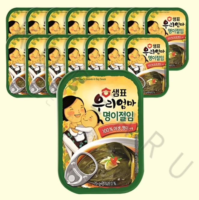 【大容量】セムピョ ウリオンマ ミョンイナムル （70g x 16個） 韓国 焼肉 サムギョプサル 行者ニンニク 葉っぱ おかず パンチャン 缶詰 業務用 샘표 우리엄마 명이절임