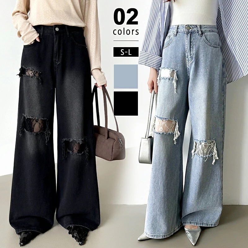[迅速な配達][限時割!引!]ダメージレースデニム デニムパンツ レース ダメージ ジーンズ レディース ワイド デニム パンツ ワイドパンツ ワイドデニムパンツ おしゃれ ゆったり ダメージデニム