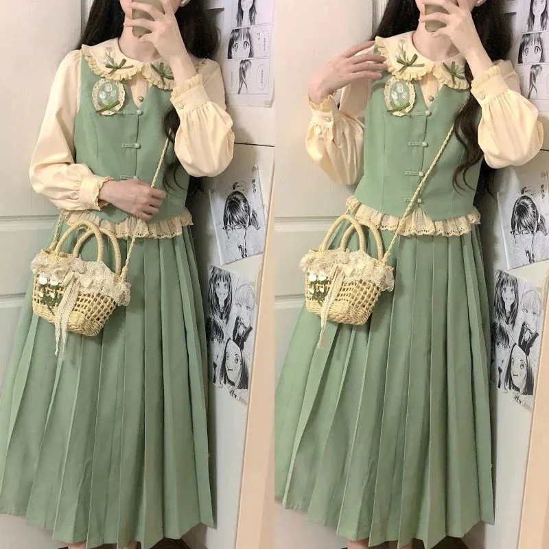 チュー新韓国人形襟シャツベスト百フリルスカートセット森系レディース値下げ