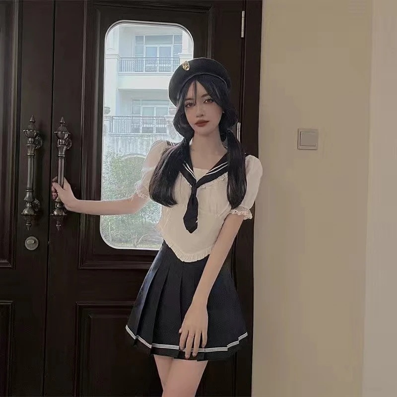 涼しく楽ちんセットアップセットアップJK制服アカデミックセーラー服2023韓国ファッションJK制服カレッジ風セーラー服スーツ半袖シャツ+プリーツスカートツーピースセット今っぽシアーシャツフレアスカート