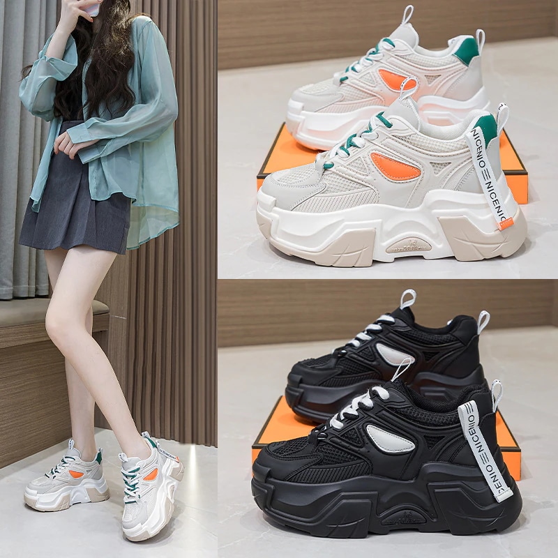 潮2024夏の新作本革混色女性スポーツカジュアルアーガン靴韓国版厚底ハイヒール