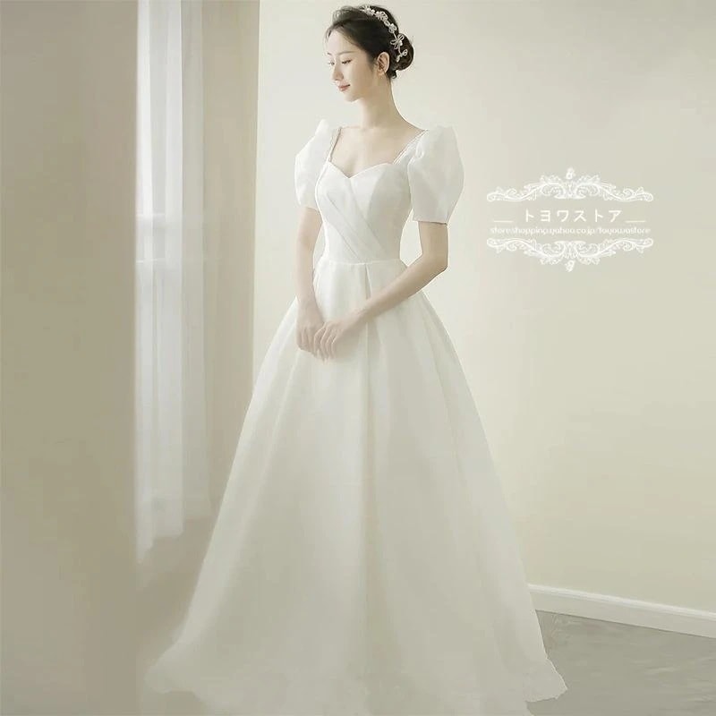 ウェディングドレス結婚式二次会前撮りホワイト花嫁Aライン白ロングドレス披露宴クラシカルパーティードレスブライダル作演奏会