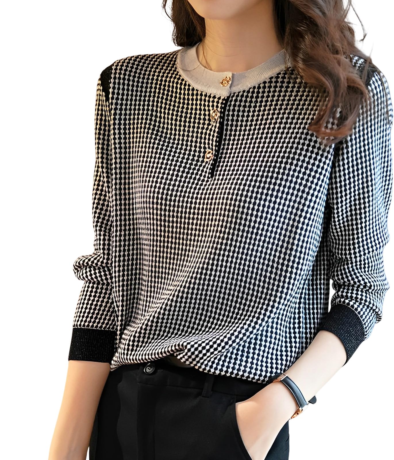 [ニーマンバイ] 千鳥風 シンプル ニット 長袖 ラウンドネック プルオーバー 春 秋 冬 レディース N01