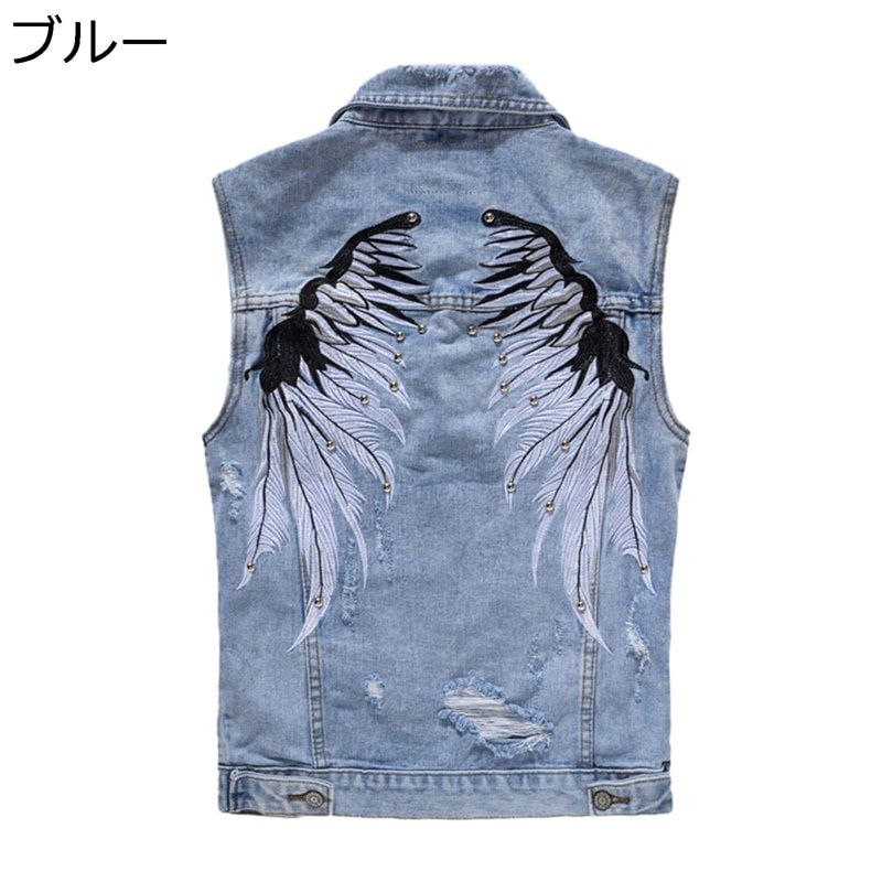 メンズ デニムベスト 刺繍の翼柄 ジージャン ダメージ 袖なし Gジャン アウトドア チョッキ ジレ 綿 通気 薄手 軽量 カジュアルベスト ノースリーブ ジャケット アウター 重ね着 おしゃれ スト