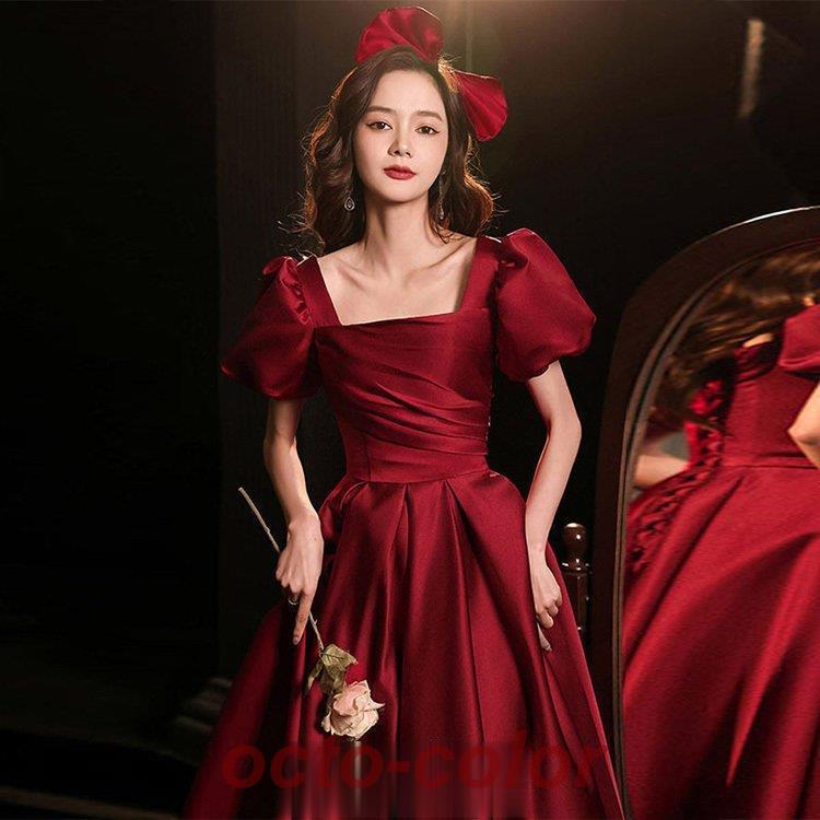 結婚式ドレス ワイン赤 イブニングドレス パフスリーブ サテン ドレス リボン 可愛い プリンセスドレス ロングドレス 発表会ドレス ワインレッド ゲストドレス