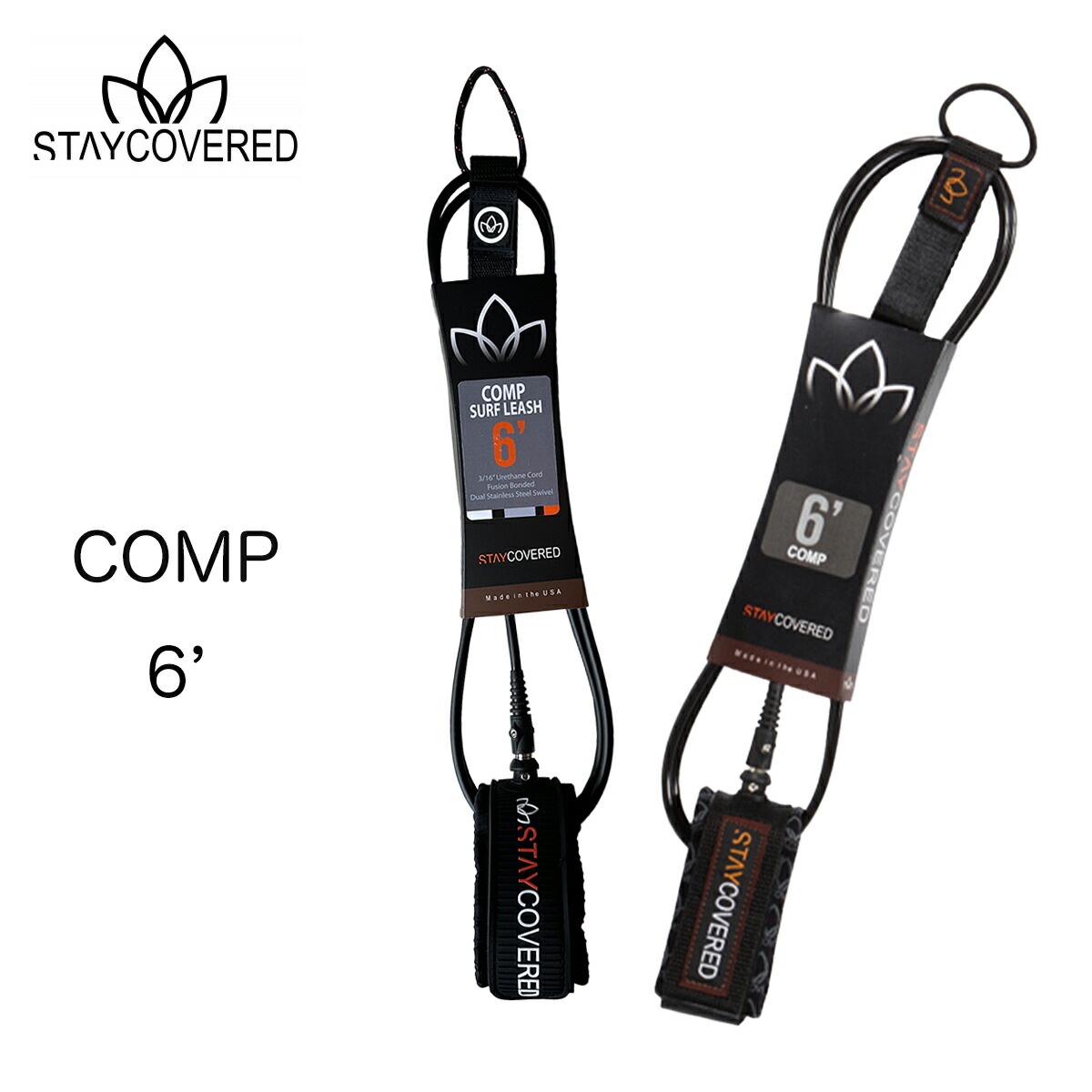 スティカバード サーフボード リーシュコード コンプリーシュ 6フィート 5.6ミリ STAY COVERED LEASH COMP Made in USA 細い 軽量 ブラック