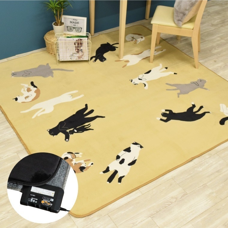ラグ 北欧 ラグマット カーペット 厚手 猫 約185x185cm 2畳 ホットカーペット ホットカーペットカバー 2点セット 本体＋カバー マット ホットマット 電気カーペット