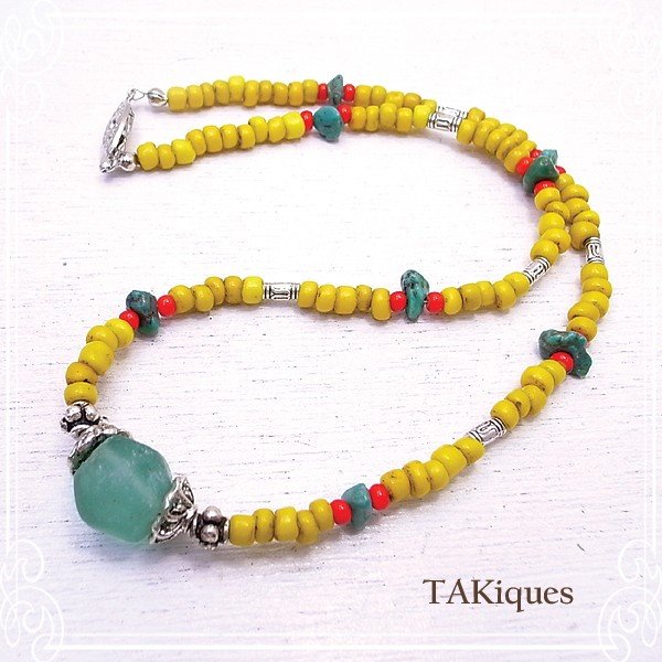 アンティークガラスビーズ＆ターコイズネックレス アンティークビーズ ガラス 天然石 ネックレス ビンテージ //TAKiques 5,429円