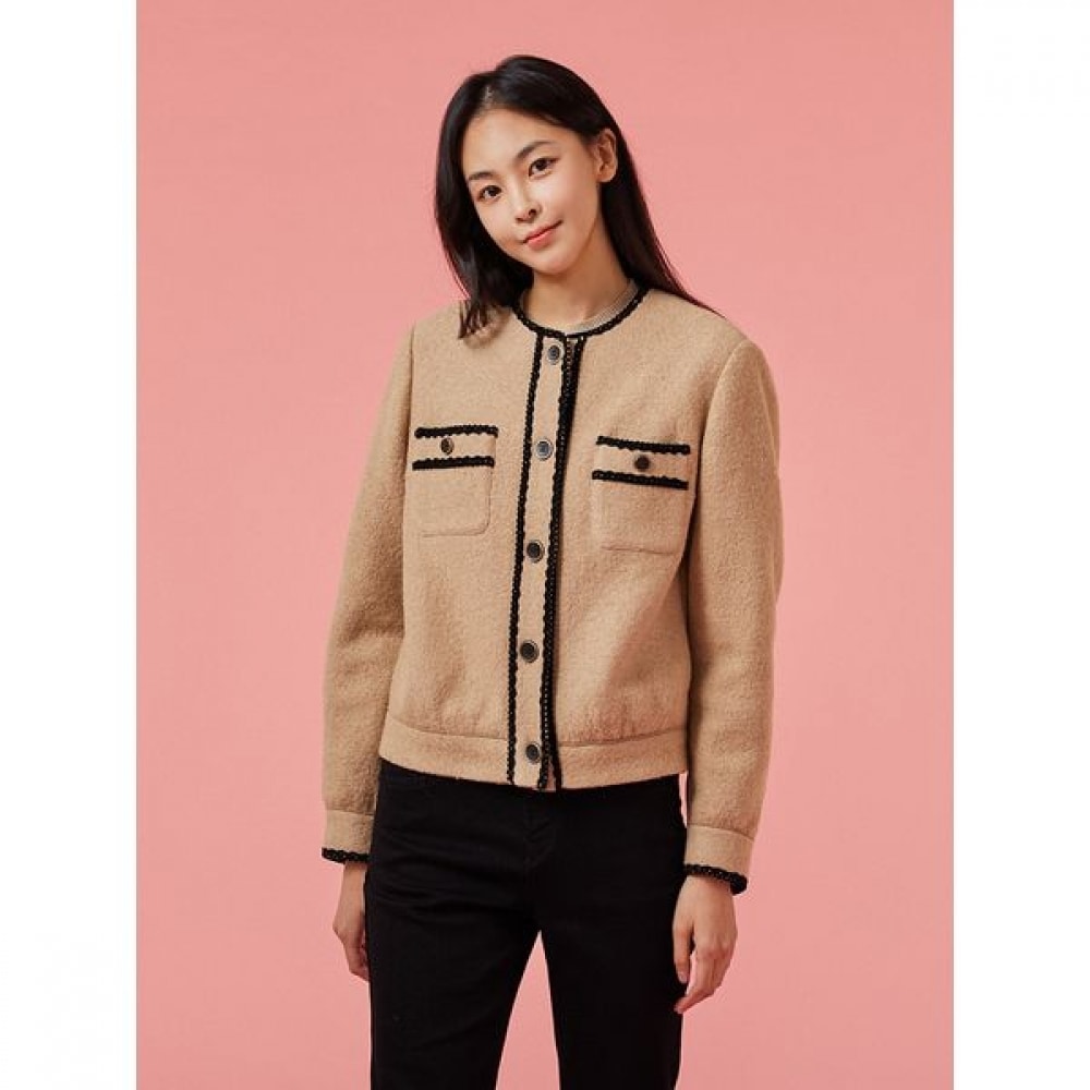 [JUJU] ベージュレディースラウンドネックポケットツイードジャケットJ102401031