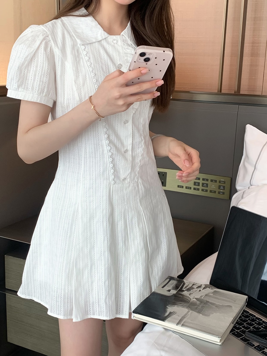 初恋甘いラペル パフ スリーブ ホワイト ドレス レディース 2024 夏ショート スカート