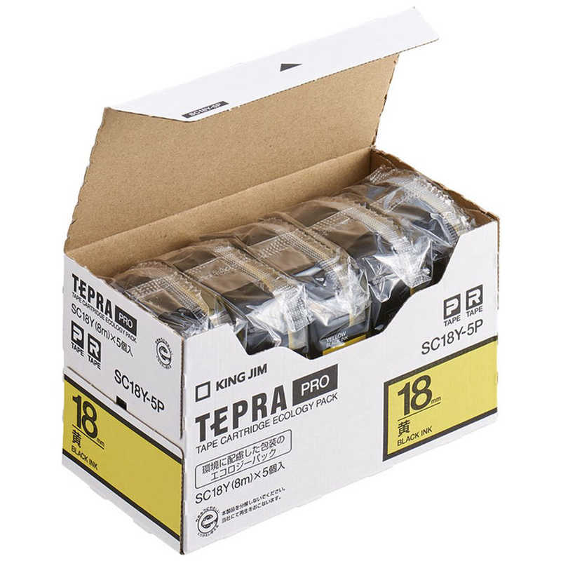 キングジム　カラーラベル(パステル)テープ エコパック 5個パック TEPRA(テプラ) PROシリーズ 黄 [黒文字/18mm幅]　SC18Y-5P