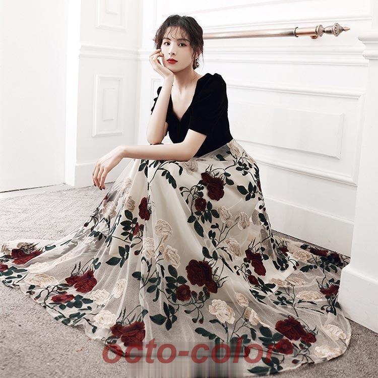 ニングドレス 黒 ベ ベット 刺繍 花柄 オシャレ め ドッキング ル ロングドレス ワイン赤 パフブ 発表会ドレス パーティードレス