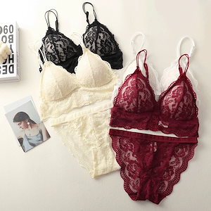 下着 上下セット フレンチスタイル トライアングルカップ ブラジャーセット レディース 透かし編み レース ワイヤーレス ランジェリー ショーツ 2点セット