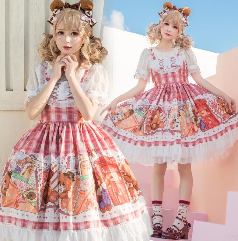 迅速な出荷 ロリータ ワンピース ロリータ服 ゴスロリ ゴシックロリータ ドレス 可愛い キャミソールワンピース 膝丈 ミモレ丈 Lolita 萌え萌え お姫様ドレス フリル裾 レース 熊 チェック
