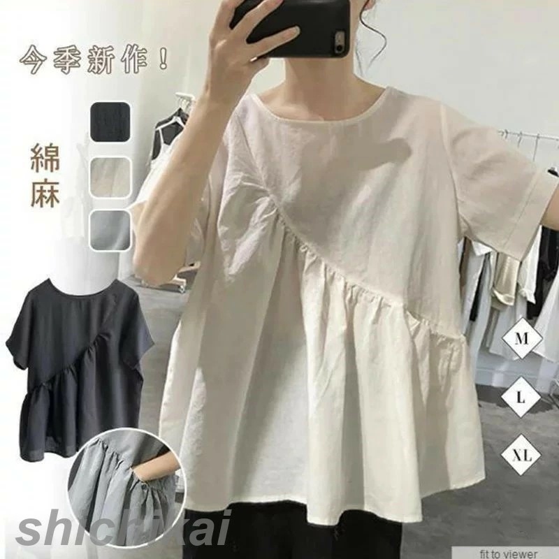 不規則な綿とリネンのシャツの女性の夏の新しいシンプルなプリーツプルオーバールーズで薄い韓国バージョンのラウンドネック半袖トップ綿麻 カジュアル ナチュラル ビジネス 通勤 オフィス 夏 春 秋 20代