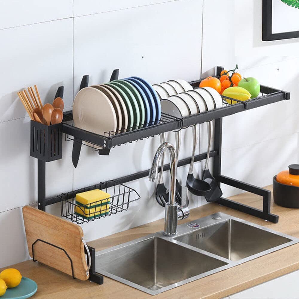 シンク上水切りラック シンク上 食器 水切り シンク ラック 1段 幅55cm x 奥行33cm x 高52cm 強化型 高い安定性 耐荷重40kg 自動排水 組立簡単 キッチン 洗い物 収納 水切り