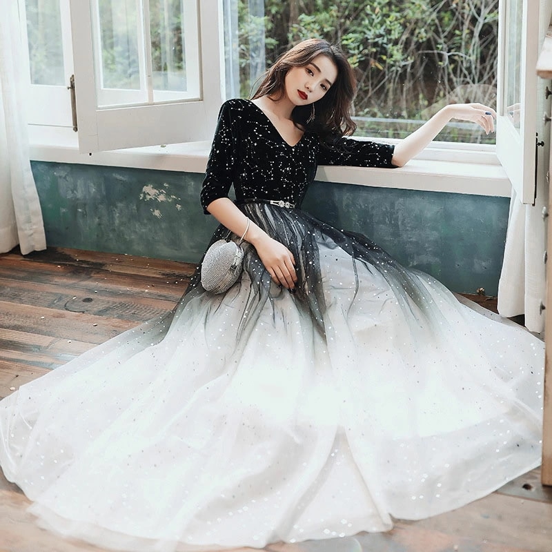 イブニングドレス 黒 ベロア ベルベット ロングドレス 発表会ドレス ブラック グラデーション オシャレ パーティードレス 結婚式ドレス 二次会ドレス お呼ばれドレス チュール Vネック 7分袖 XS