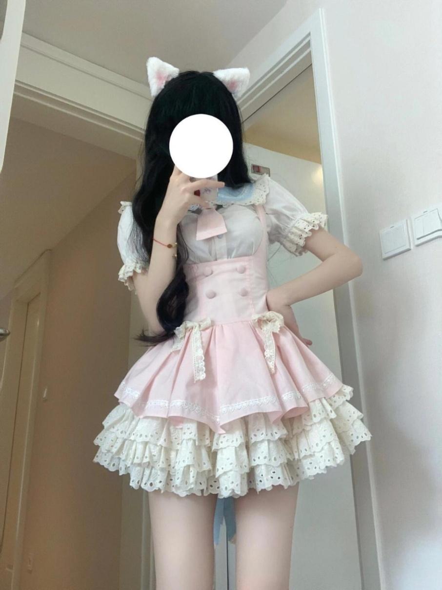 甘い王女 ロリータ ボサボサスカート ロリータ 4点セット 韓国ファッション メイド服 ピンク バブル袖 コスプレ 二次元 学院祭用