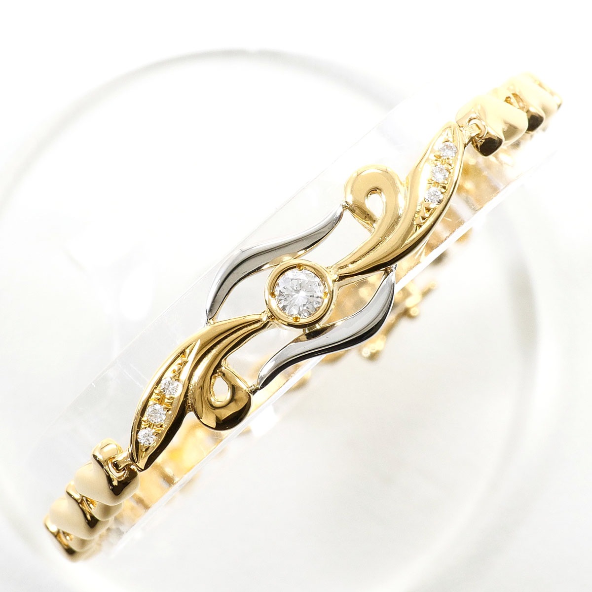 PT850 プラチナ K18 18金 YG イエローゴールド ブレスレット ダイヤモンド 0.19ct 鑑別書 総重量約13.7g 約17.5cm 中古