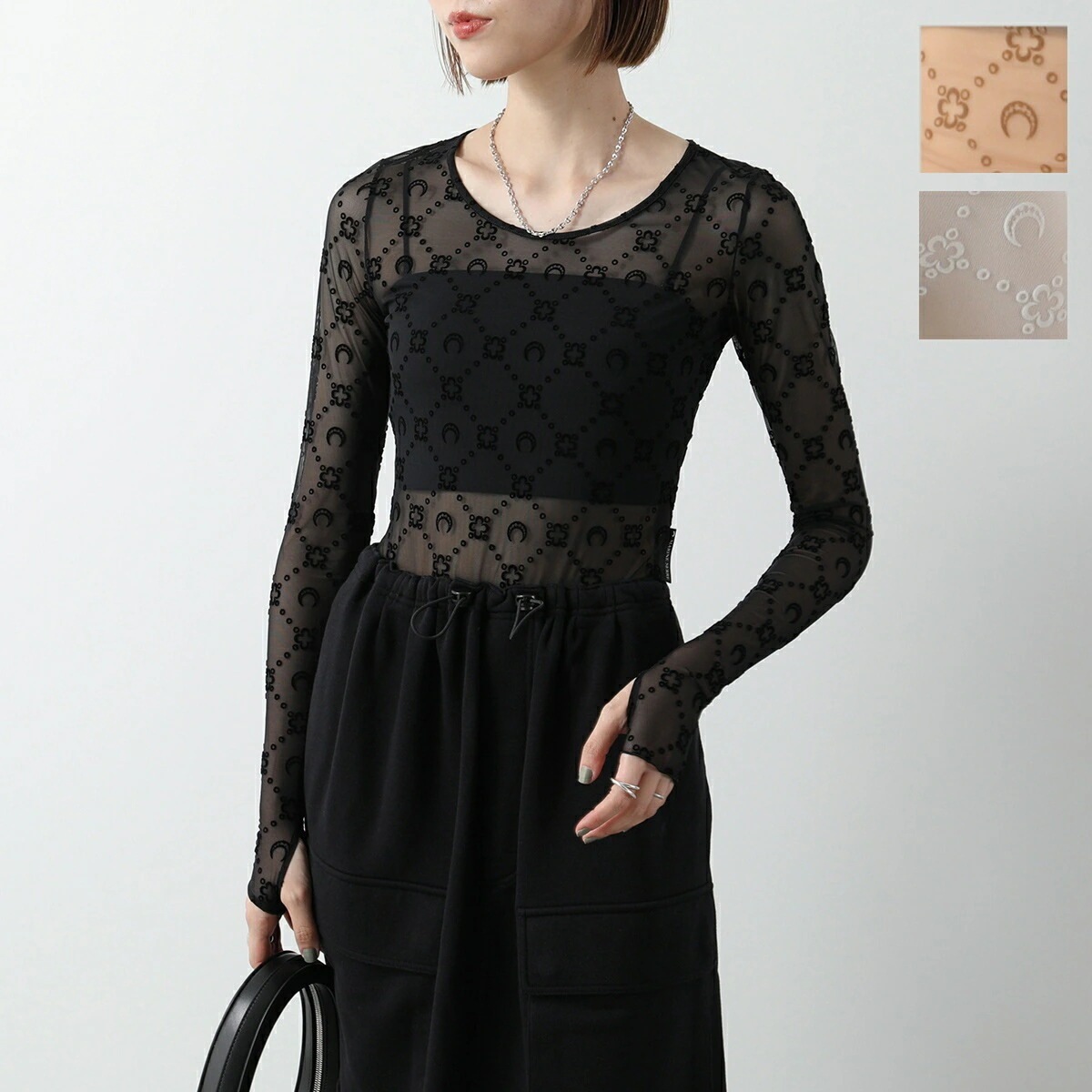 Marine Serre マリーン セル ロンT カットソー Moonogram Mesh Flock Second Skin Cropped Top WTS012A CJER0005 レディース メ